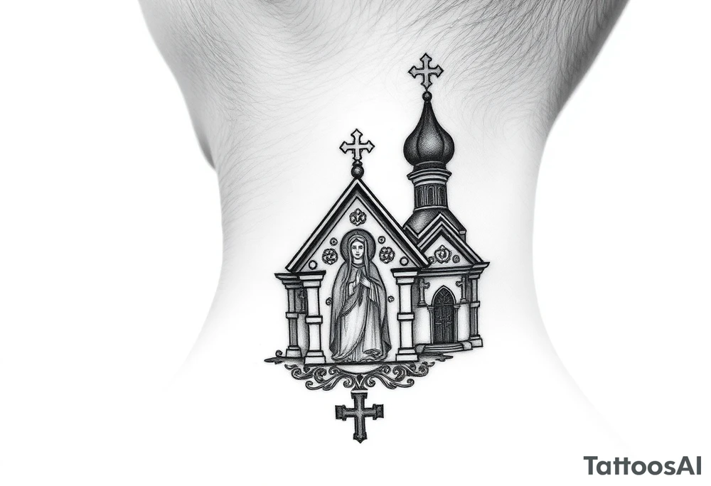 medium traditional russian orthodox church with russian coat arms and virgin mary on the side of your neck tattoo idea