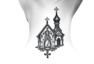 medium traditional russian orthodox church with russian coat arms and virgin mary on the side of your neck tattoo idea