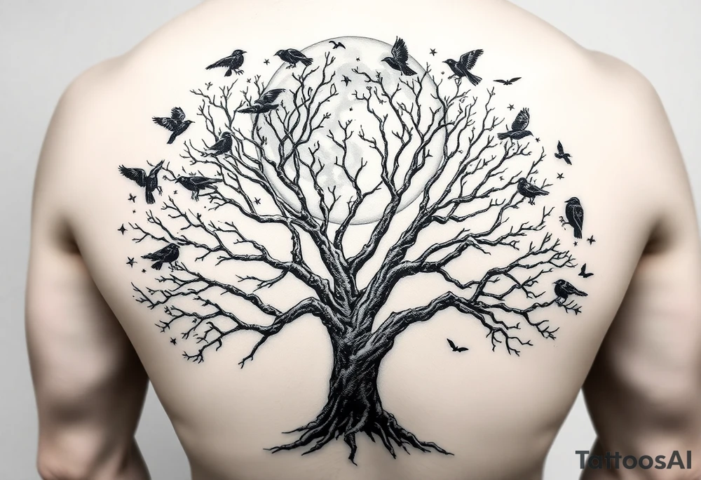 A very realistic, large tree of life that is bare with lots of crows flying  above it a moon that’s behind that covers my whole back and two Viking hatches that would go across my shoulder blades. This is a backpiece. tattoo idea