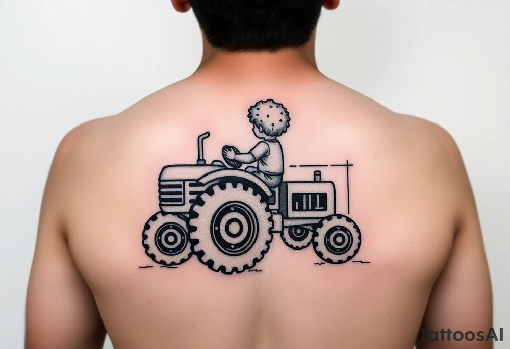 Realistic minimalist back view of curly headed toddler son riding a toy tractor with a geometric frame tattoo idea