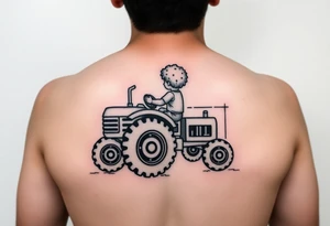 Realistic minimalist back view of curly headed toddler son riding a toy tractor with a geometric frame tattoo idea