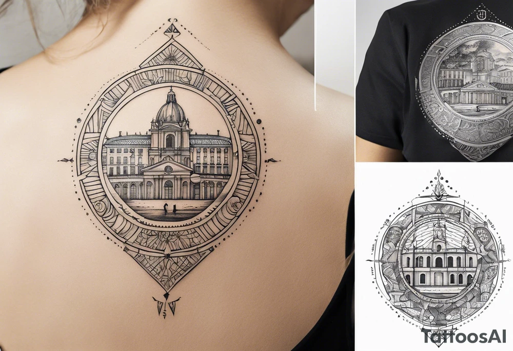 Create a tattoo design that symbolizes the connection between a family spread across Lisbon and Deggendorf, with a central figure who travels between the two. Incorporate the names, elements representing both countries' cultures and landmarks, linked by a path or journey motif. The design should evoke feelings of unity, distance, and the bond of family. tattoo idea