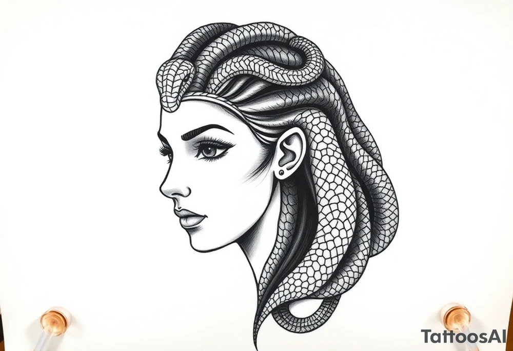 Una reinterpretación del diseño anterior pero al estilo egipcio:

Rostro femenino inspirado en el arte del antiguo Egipto (perfil fino, ojos delineados).

Cabello hecho de cobras negras (como Uadyets, las serpientes sagradas).

Parte del rostro convertido en piedra arenosa, como una estatua rota del desierto. tattoo idea