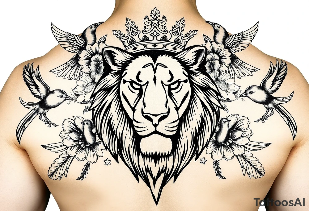 powerful majestic lion with a crown, surrounded by floral ornaments and birds tattoo idea