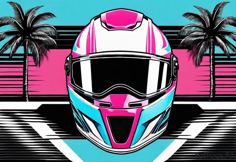 Formula 1 helment with a palm tree and black pink and light blue color tattoo idea