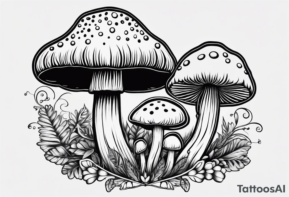 Large Shaggy cap mushroom dripping ink off cap with 4 smaller mushrooms around it mandala henna black tattoo design tattoo idea