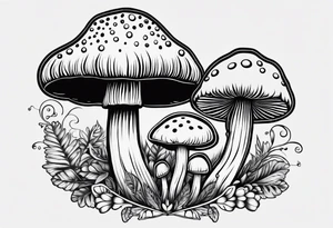 Large Shaggy cap mushroom dripping ink off cap with 4 smaller mushrooms around it mandala henna black tattoo design tattoo idea