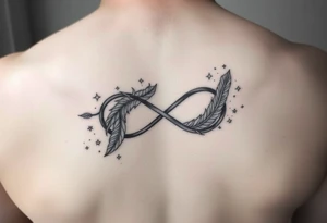 infinity symbol woven with floating feathers and stardust tattoo idea