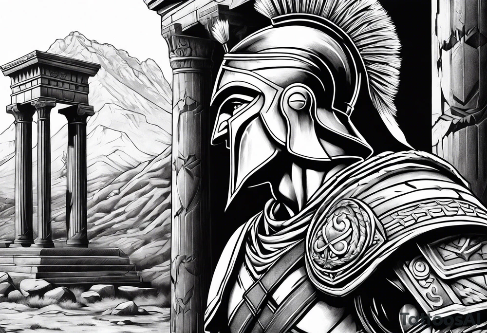 Side profile of spartan soilder with ancient pillars in background tattoo idea