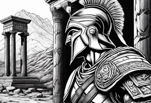 Side profile of spartan soilder with ancient pillars in background tattoo idea