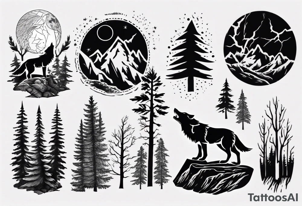 lightning over forest with wolf howling tattoo idea