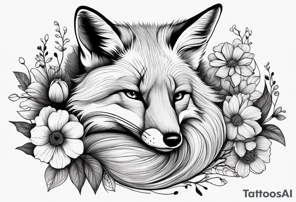 fox, curled up, sleeping, realistic, flowers tattoo idea