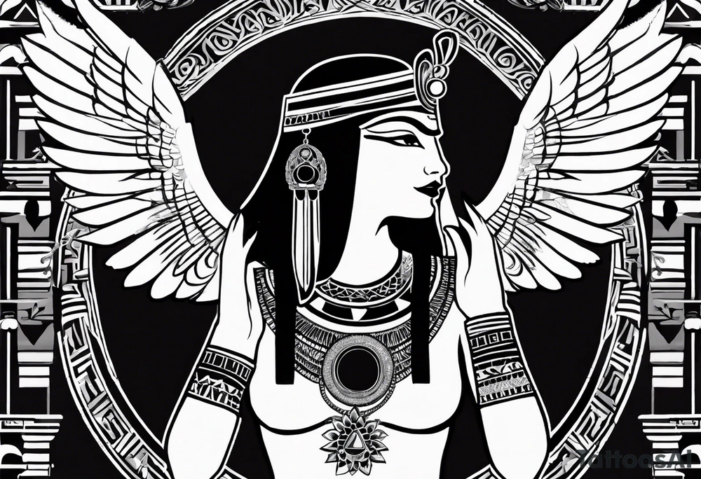 black and white Egyptian goddess Isis, who is often depicted as a woman with outstretched wings, holding an ankh (a symbol of life) in one hand and a lotus flower in the other. Her headdress often includes a throne or a solar disk. The tattoo design can vary in style and size, but it typically aims to capture the essence of this revered Egyptian deity, emphasizing her beauty, power, and maternal qualities. The choice of colors and additional elements can also be customized to create a unique and visually striking representation of the goddess Isis tattoo idea
