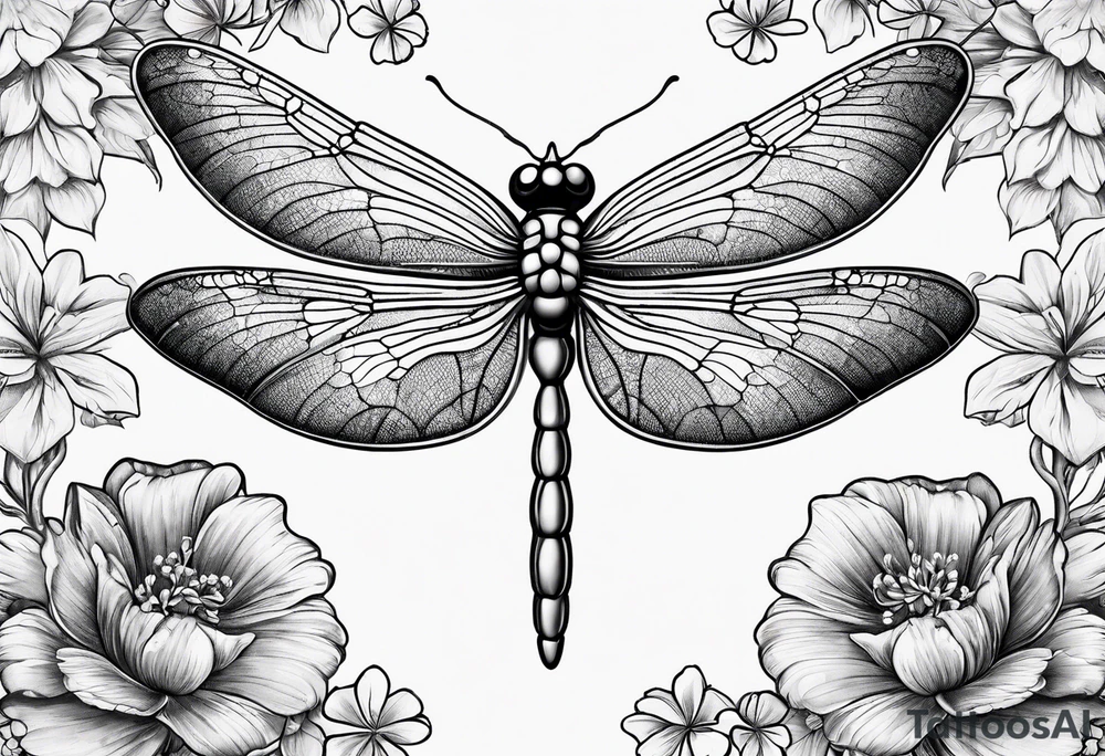 Dragon fly with clover flowers behind it tattoo idea