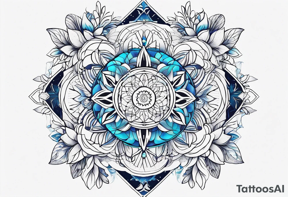 Linear minimalistic metatron , with abstract floral patern in blue linear design tattoo idea