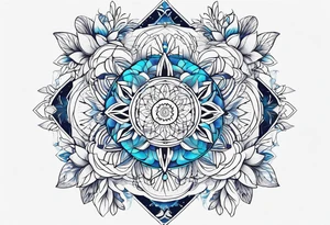 Linear minimalistic metatron , with abstract floral patern in blue linear design tattoo idea