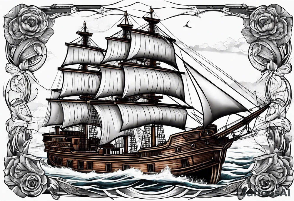 4 story wooden ship where one plank coloured. Rest of the image is black and white tattoo idea