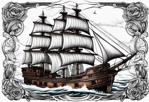 4 story wooden ship where one plank coloured. Rest of the image is black and white tattoo idea