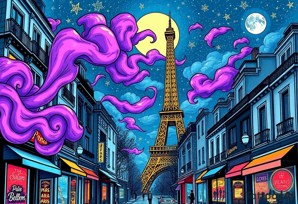 Tim Burton’s paris streets with effel tower from outside view is the street is littered with neon signs purple and cyan smokey clouds swirl and dance in the moonlit night sky filled with twinkling stars  tattoo idea tattoo idea