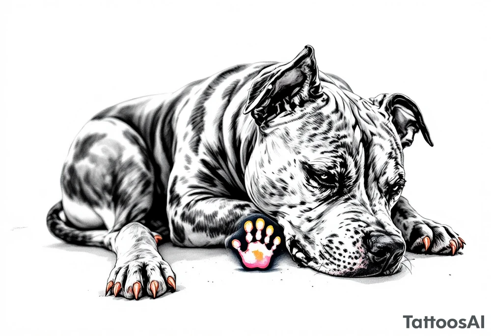 Staffbull with Child's Handprint
A peaceful Staffbull lying down with a small, colorful child’s handprint on its back or paw. Symbol of family and loyalty, done in grayscale with the handprint in soft watercolor tones (blue, pink, yellow). tattoo idea