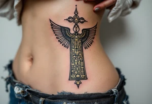 A personalized black cartouche with gold hieroglyphs, etched vertically down the side of the ribs. tattoo idea