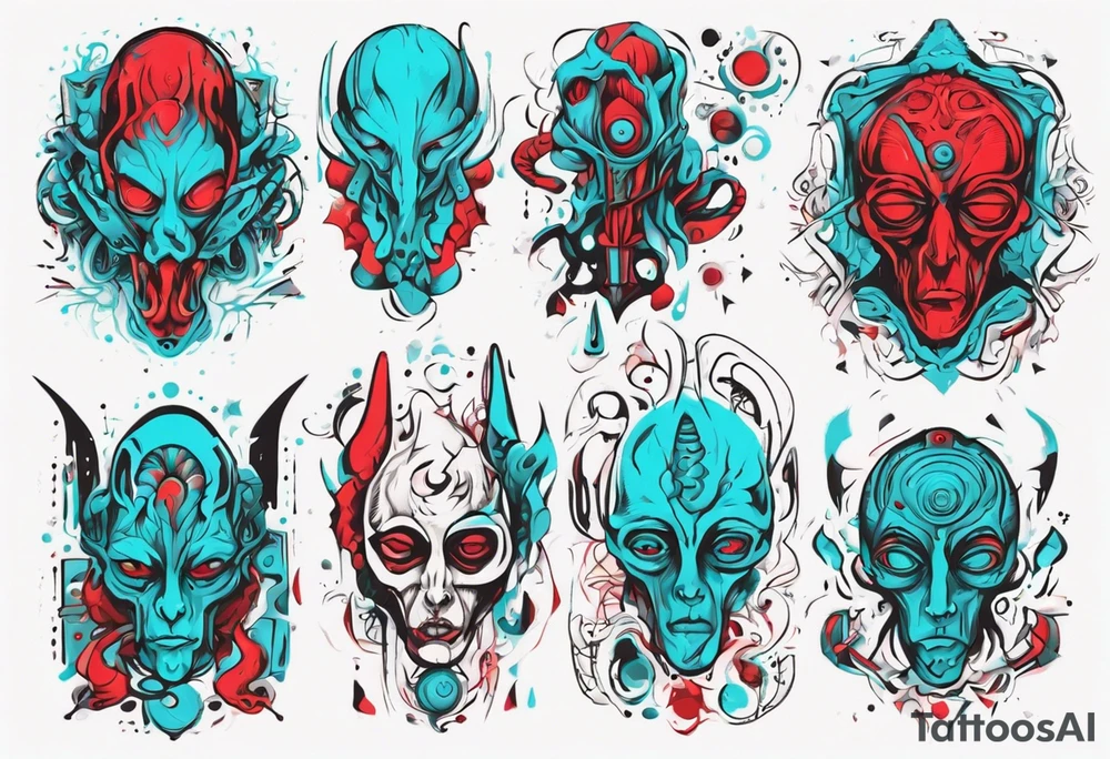 an art in the style of abstract, alien, lovecraft, textured pigment planes, red and cyan, stencil art tattoo idea