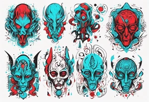 an art in the style of abstract, alien, lovecraft, textured pigment planes, red and cyan, stencil art tattoo idea