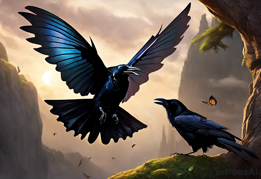 A butterfly flies towards the sky. Below the butterfly, a raven flies towards the sky. 
The butterfly and the raven are the same size
In the background is the name Malia.
In the background is the name SKF.
The number 89 can be seen in the background.
There is also a scorpion in the wing of the butterfly.
This tattoo is black and white and on the arm. tattoo idea