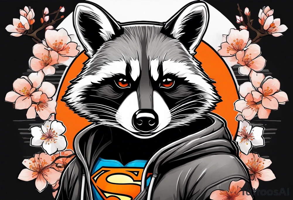 Raccoon wearing a white Superman logo on a black hoodie and orange Japanese cherry blossoms tattoo idea