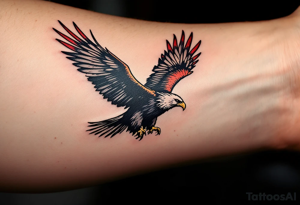 An eagle soaring over a Czech battlefield, carrying a battle-scarred flag, with dramatic light and shadow effects. tattoo idea