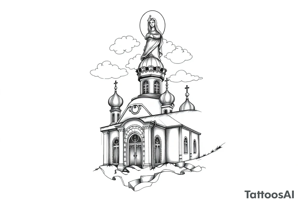 Russian Orthodox church with orthodox spire crosses, with clouds above it and a virgin mary over looking sat above tattoo idea
