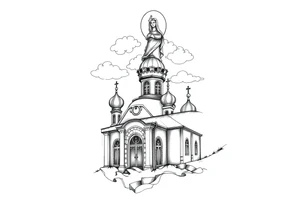 Russian Orthodox church with orthodox spire crosses, with clouds above it and a virgin mary over looking sat above tattoo idea