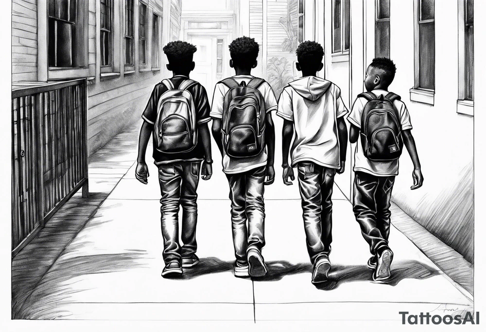 full bodies of 3 black school age boys walking away together and one is looking to the side at the one in the middle tattoo idea