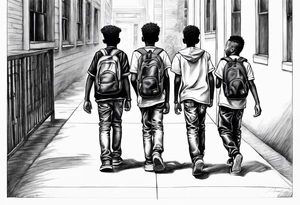 full bodies of 3 black school age boys walking away together and one is looking to the side at the one in the middle tattoo idea
