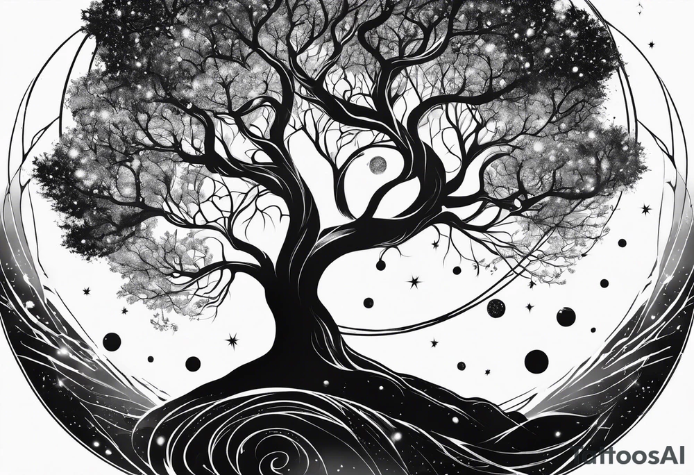 psychology theme, tree of life, milk way galaxy, planets tattoo idea