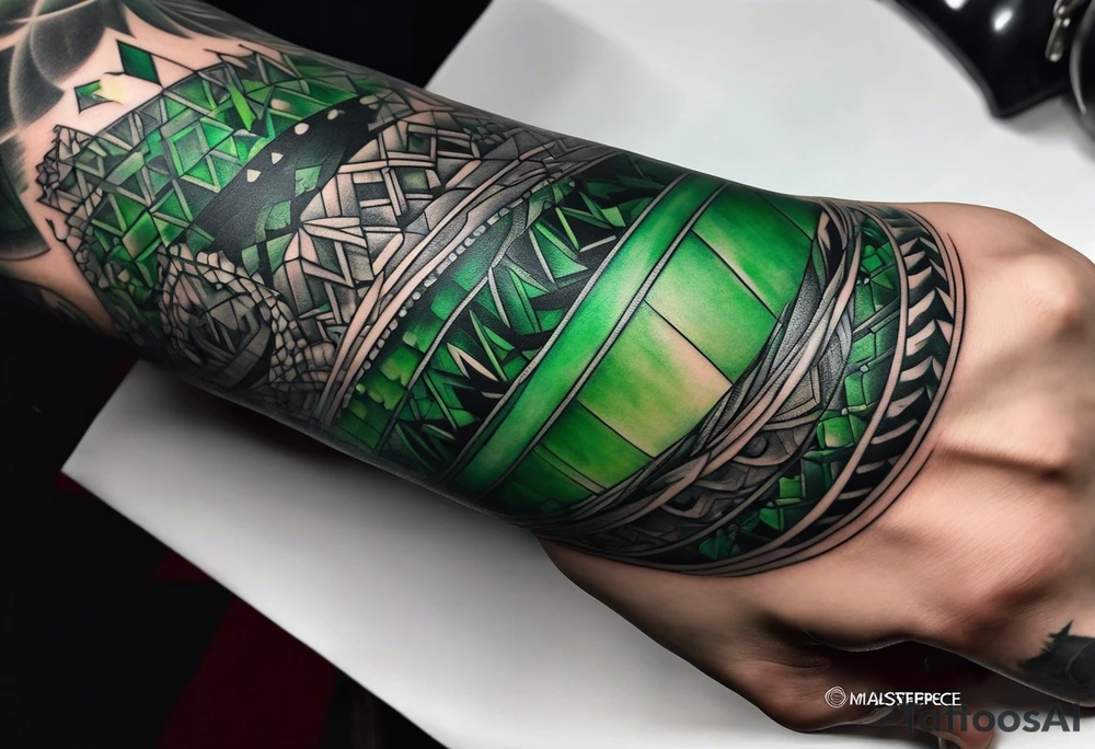 abstract, green and black, covered from wrist to forearm, fully covered, no borders, blackwork, no people tattoo idea
