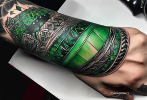 abstract, green and black, covered from wrist to forearm, fully covered, no borders, blackwork, no people tattoo idea