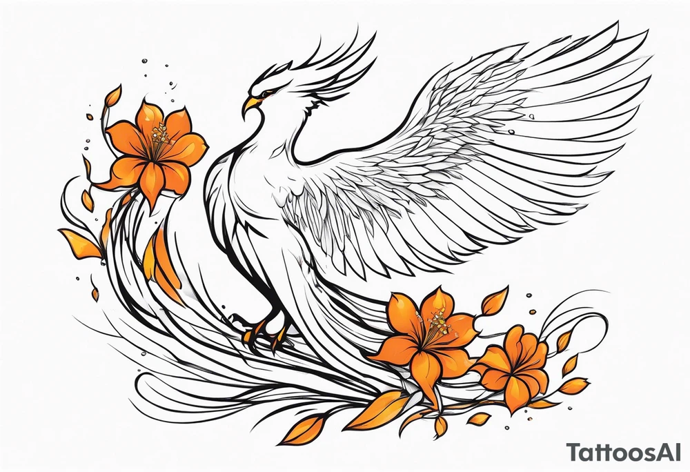 elongated phoenix in profile with claws holding flowers falling tattoo idea