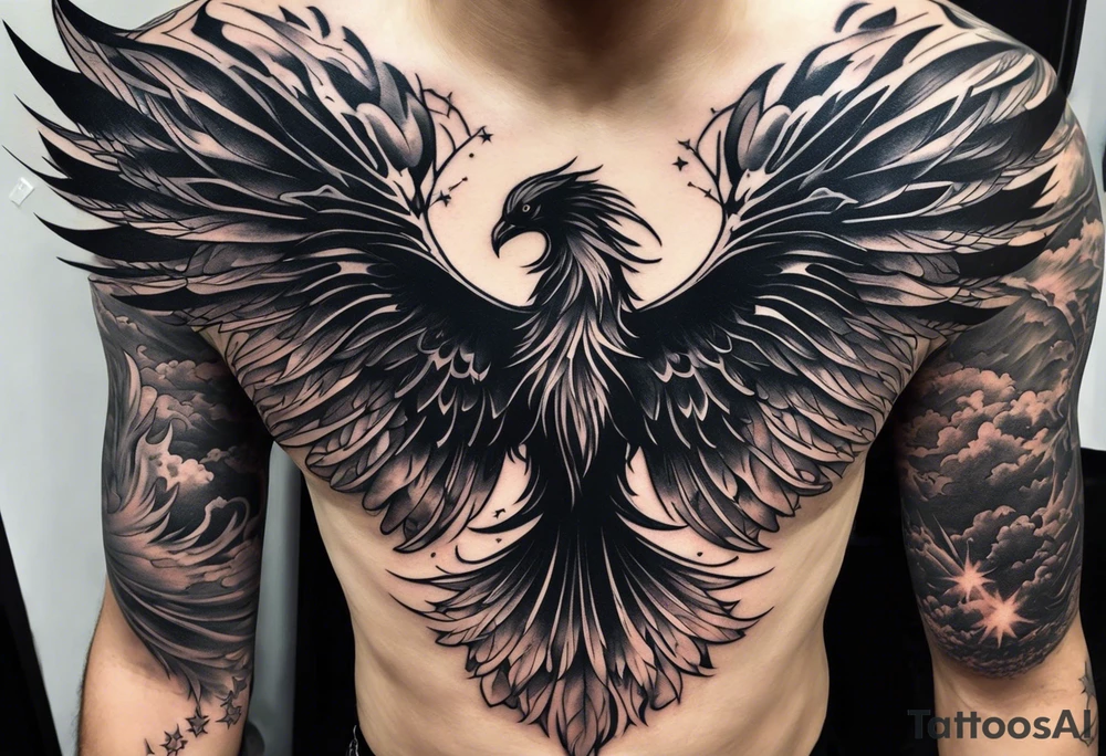 A full sleeve tattoo showing A large phoenix over my shoulder  A person/angel flying through a starry night sky, Some witches or salem witch trial type imagery  a blacked out silhouette from a picture of my band after a show tattoo idea
