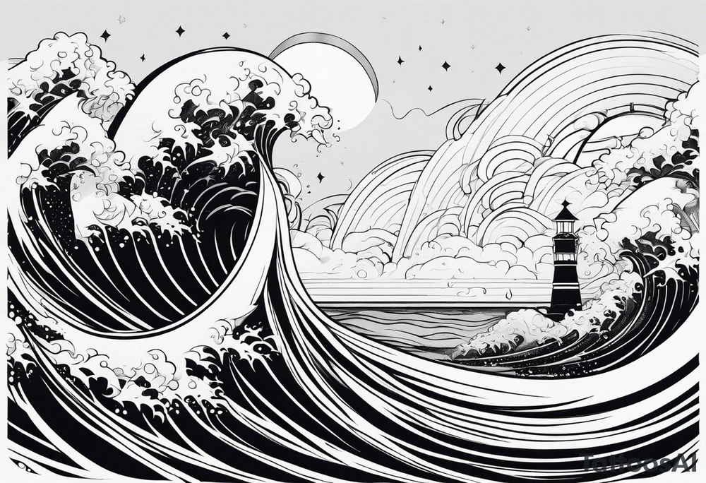 Line art, sword, lightning bolt and waves tattoo idea