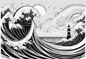 Line art, sword, lightning bolt and waves tattoo idea