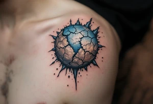 A cracked Earth in dusty blue and brown tones symbolizes environmental decay on the shoulder blade. tattoo idea