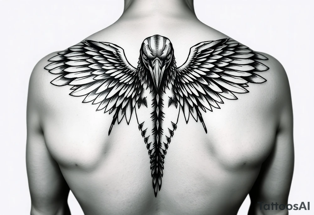 Create a detailed upper back tattoo design featuring a central figure with a crow head facing forward, a human body, and two symmetrical angel wings extending outward. . Use a grayscale style with intricate shading, ensuring a balanced and bold composition. Avoid side profiles for the crow head, keeping it directly forward tattoo idea