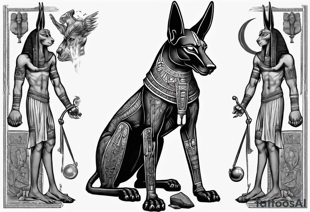 Anubis with some Egyptian mythology background that is 20 cm in length and 10 - 12 cm wide tattoo idea