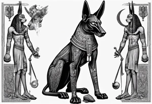 Anubis with some Egyptian mythology background that is 20 cm in length and 10 - 12 cm wide tattoo idea