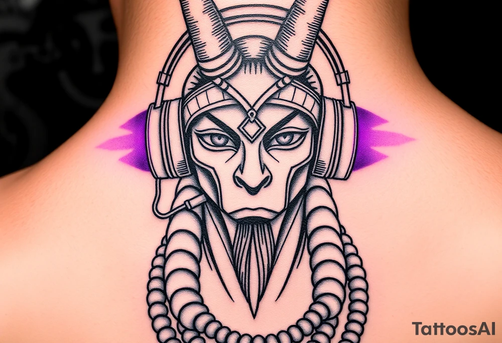 "Anubis with streamer headset, broadcasting to:  
- Left eye: Twitch chat ('F in chat for humanity')  
- Right eye: Дзен-просветление (ASCII-арт мандалы)  
Title: *'Unboxing your afterlife (4K 60fps)'*.  

Style: Digital trash art. Purple/black. Thigh." tattoo idea