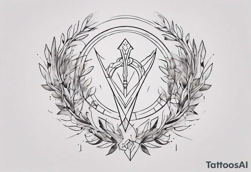 Create a small tattoo with Athena's spear and shield using geometric lines and shapes. Play with symmetry and abstraction to create a visually striking composition. Add vines gracefully intertwining at a central point in the middle of the wreath.
The intended placement is on the upper chest. The overall design should be small in size while maintaining a delicate and artistic aesthetic. Pay attention to the graceful flow of the vines and the placement of the irises to achieve a refined and elegant look. tattoo idea