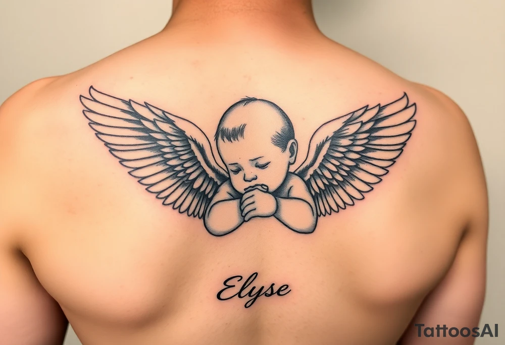 Create baby angle with closed wings, hand crossed and her name Elyse in the image tattoo idea