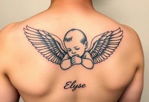 Create baby angle with closed wings, hand crossed and her name Elyse in the image tattoo idea