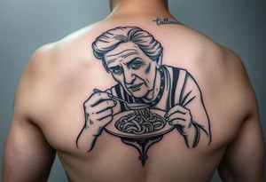 Arm tattoo: An old lady eating a plate of pasta tattoo idea